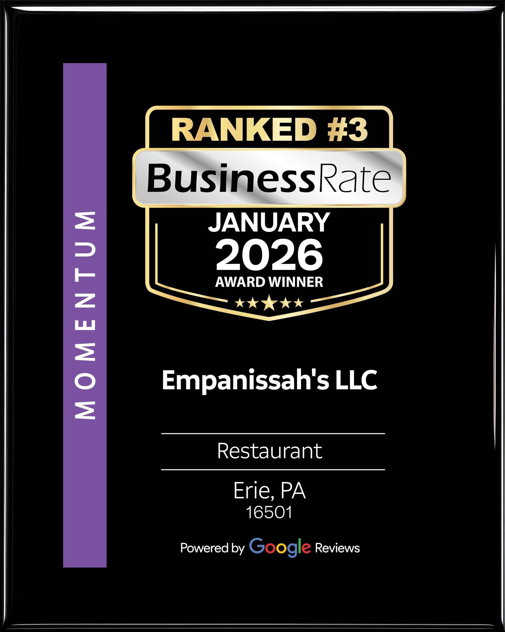 Empanissah's — BusinessRate Ranked #3 Award, January 2026
